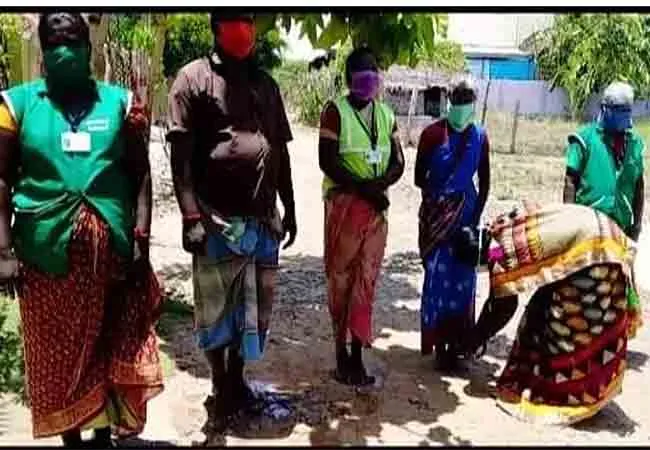 sanitary workers one couple provide some vegtables and grocery products 